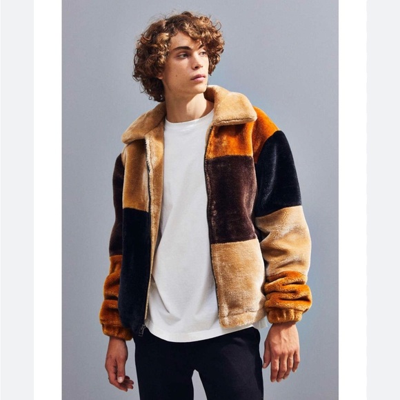 Urban Outfitters Other - UO Urban Outfitters Faux Fur Patchwork Jacket Men's Unisex Size Medium Brown Tan